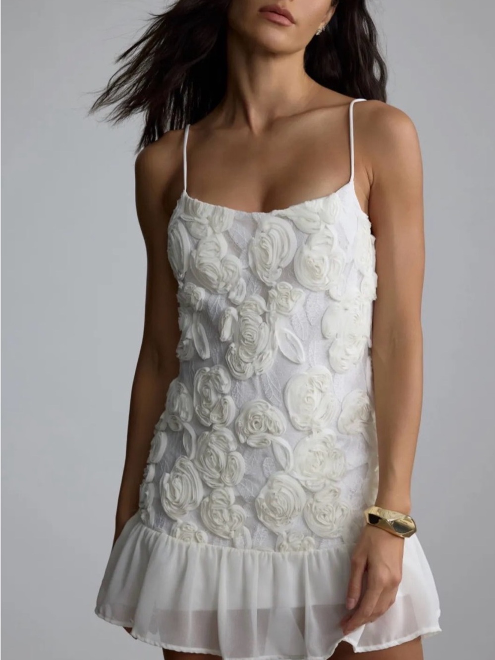 White Floral Appliqué Mini Dress with Ruffle Hem